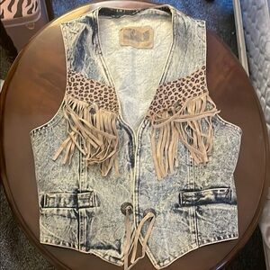 Vintage Denim Vest with Fringe and Leopard Print